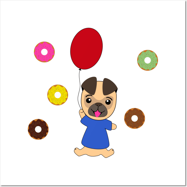 Flying pug dog on a balloon with donuts in the magical sky Wall Art by Ralph Hovsepian